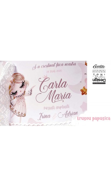 Trusou de botez cu papusica roz, gene lungi si broderie customizata, Doll 21